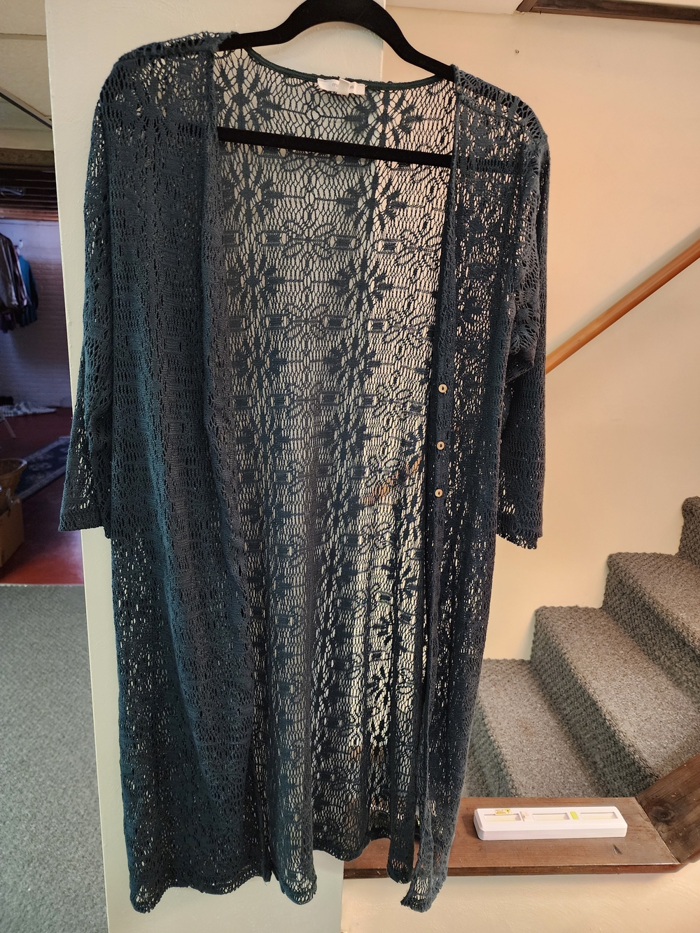 Maurices Teal Openwork Crochet Long Cardigan Sz S